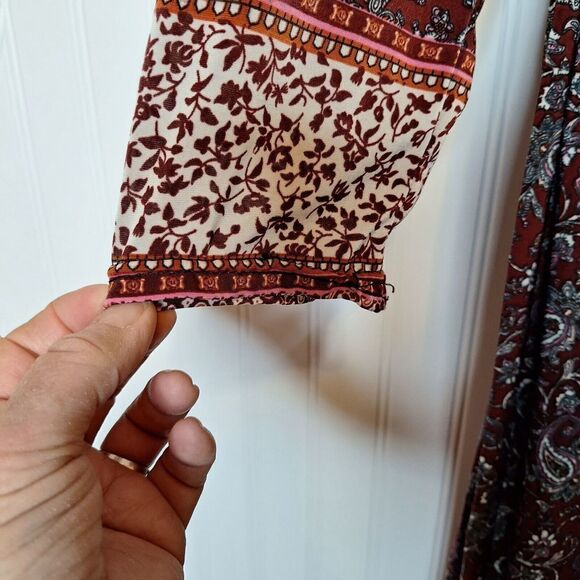 ACE Fashion Size L Maxi Boho Dress Bead Embellished 3/4 Sleeve Paisley V Neck - Picture 5 of 10